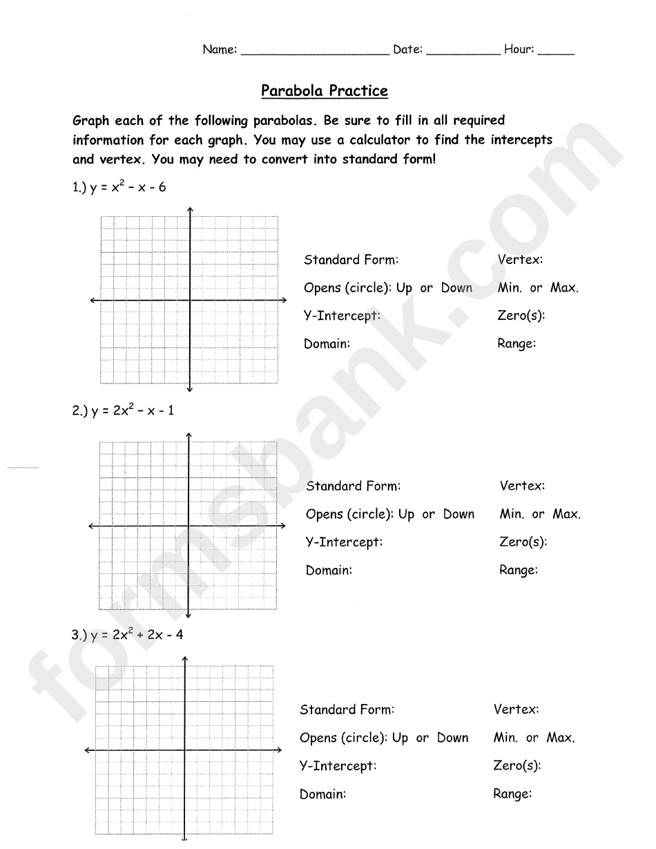 Parabola Practice - Graphing Quadratics In Standard Form Math Worksheet