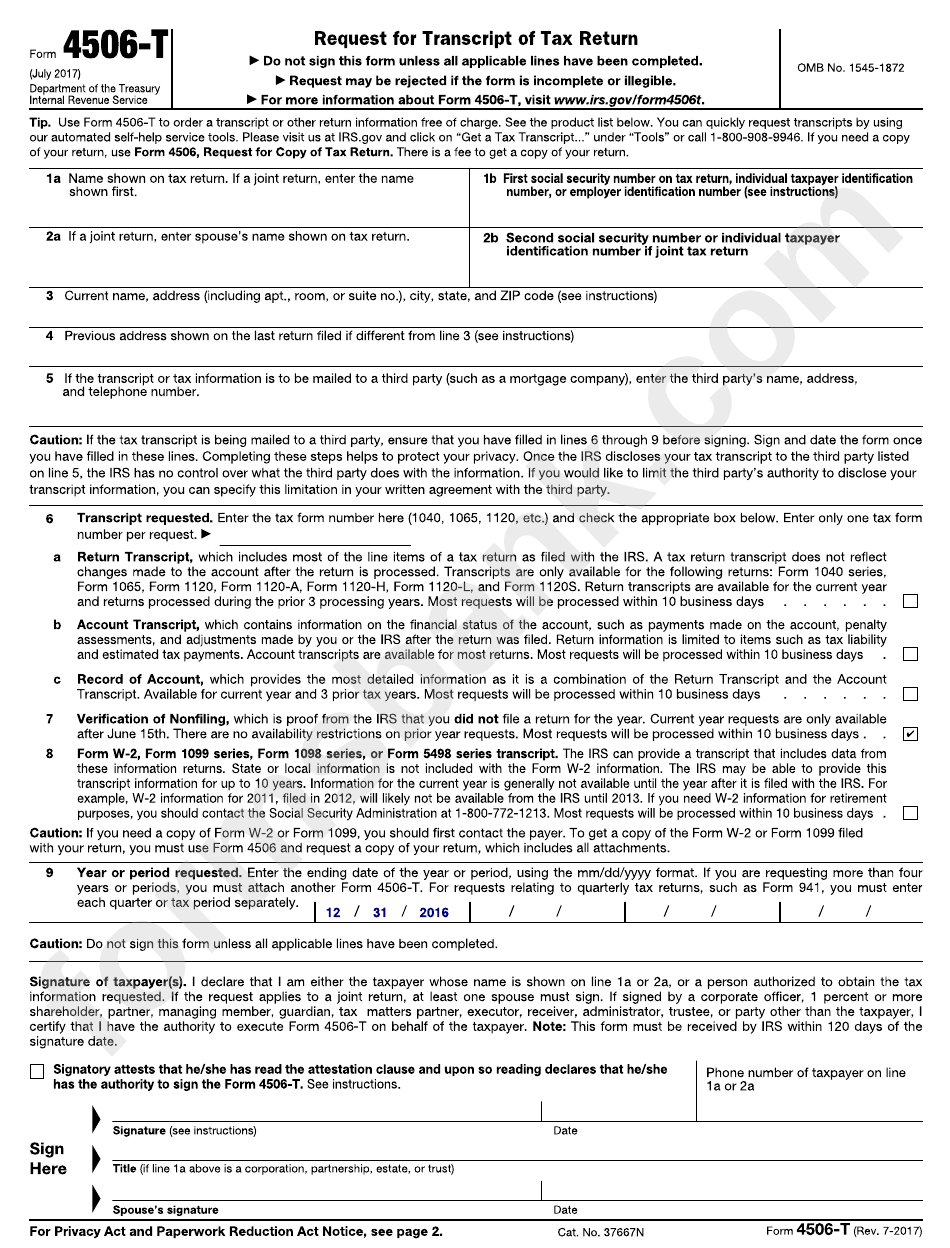 Form 4506-T - Request For Transcript Of Tax Return