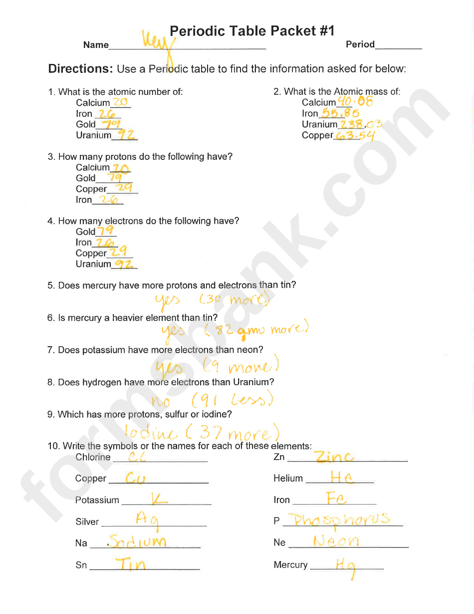Periodic Table Worksheet With Answers Printable Pdf Download