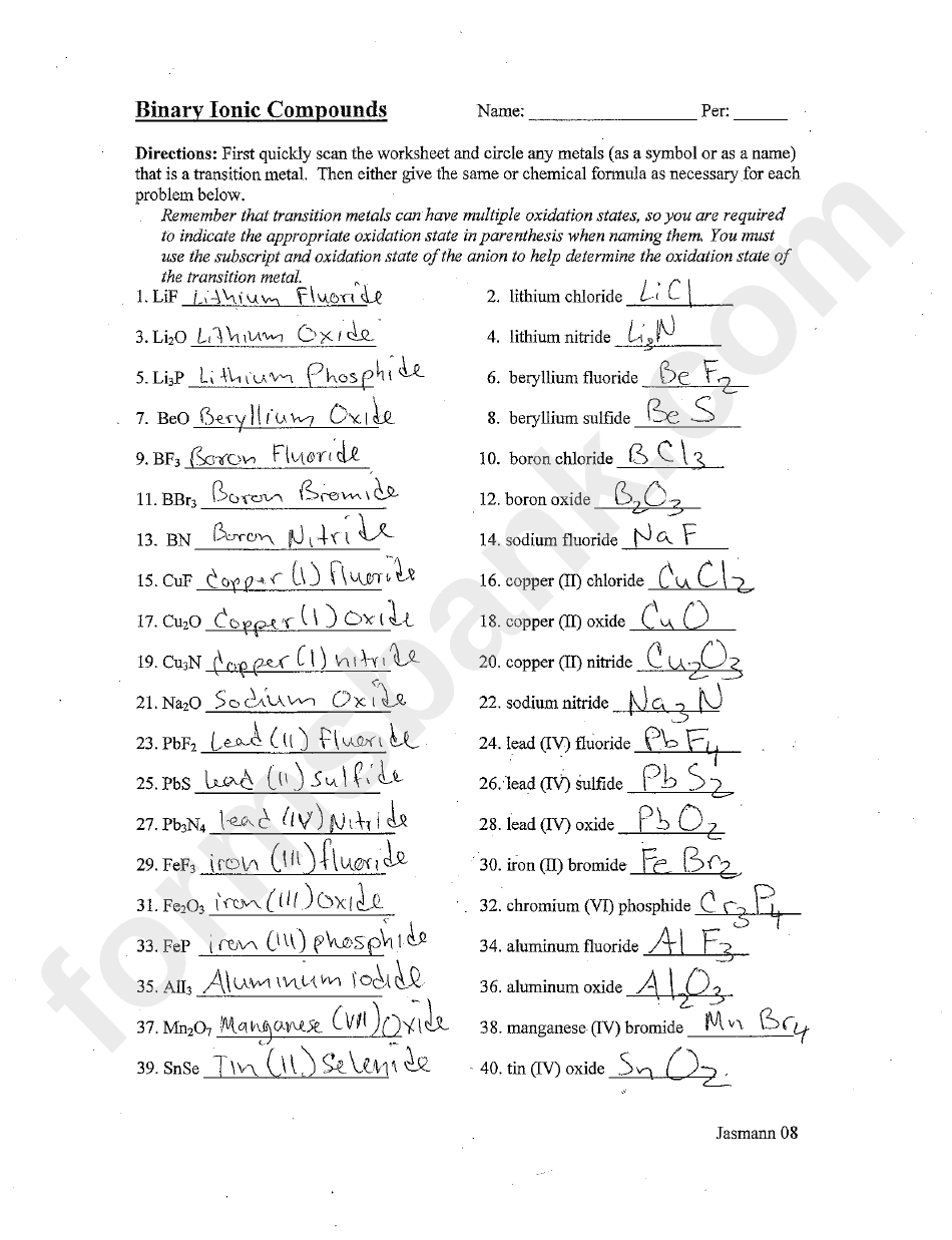Binary Ionic Compounds Worksheet With Answers printable pdf download Within Naming Binary Ionic Compounds Worksheet