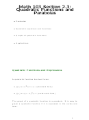 Quadratic Functions And Parabolas Worksheet - California State University, Northridge