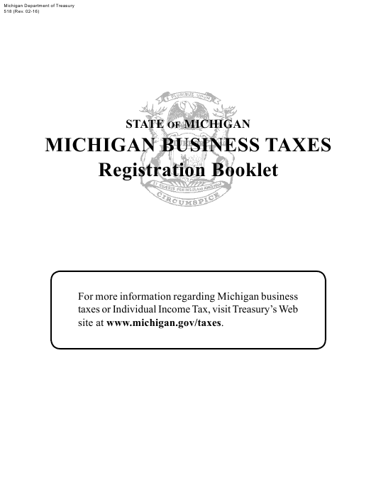 Form 518, Michigan Business Taxes Registration Booklet - Michigan Department Of Treasury Printable pdf
