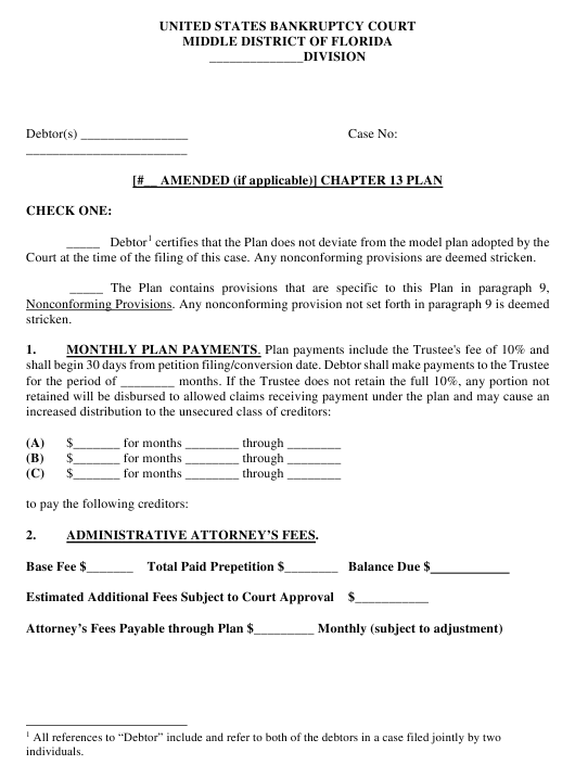 Chapter 13 Plan - United States Bankruptcy Court, Middle District Of Florida Printable pdf