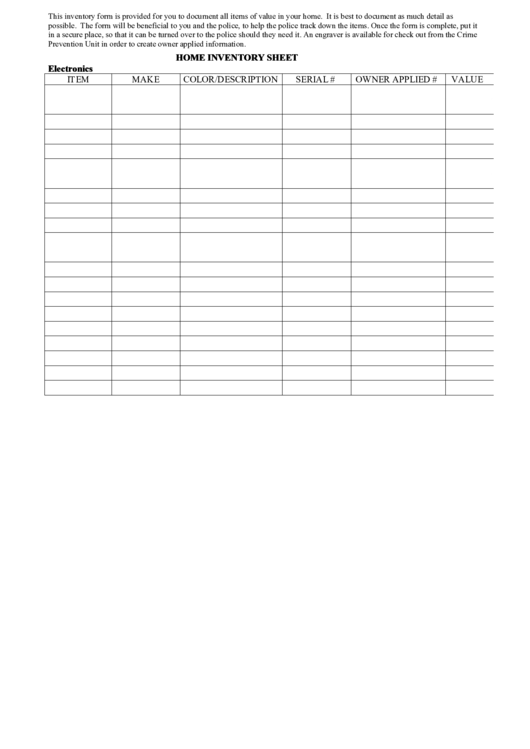 Home Inventory Sheet Printable pdf