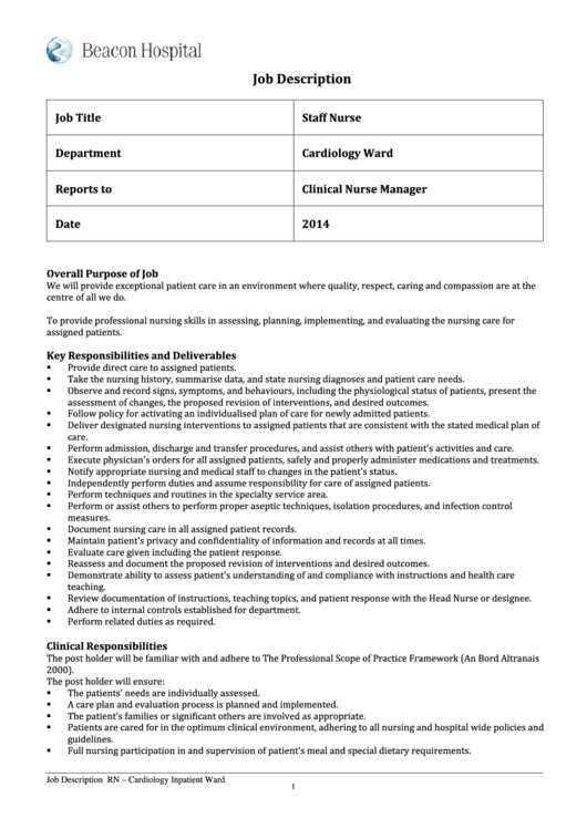 Staff Nurse Job Description Printable pdf