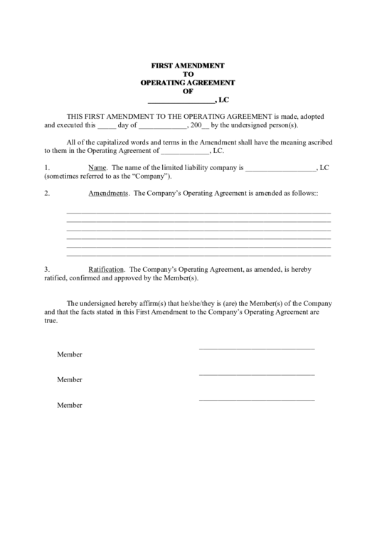 First Amendment To Operating Agreement Printable pdf