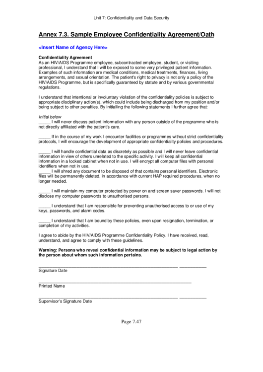Sample Employee Confidentiality Agreement/oath Printable pdf