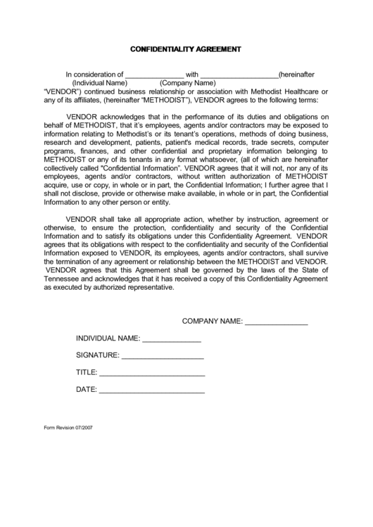 Confidentiality Agreement Template Printable pdf