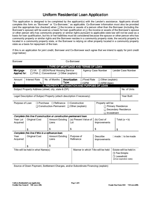 Fillable Uniform Residential Loan Application - 2009 Printable pdf
