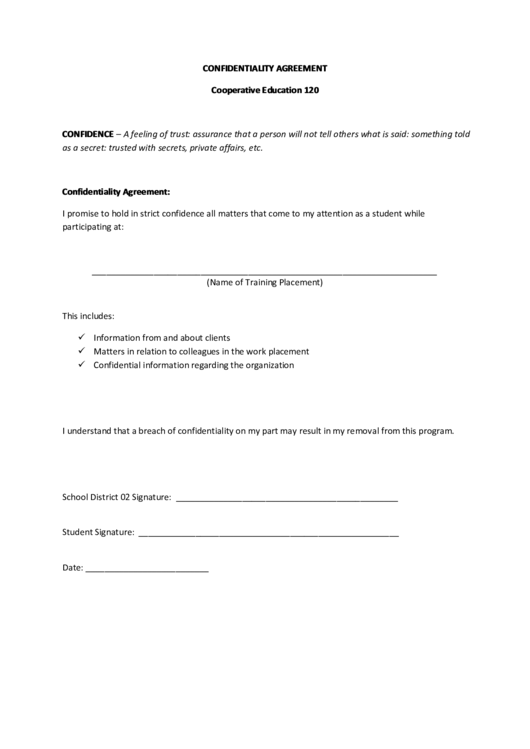 Confidentiality Agreement Cooperative Education 120 Printable pdf