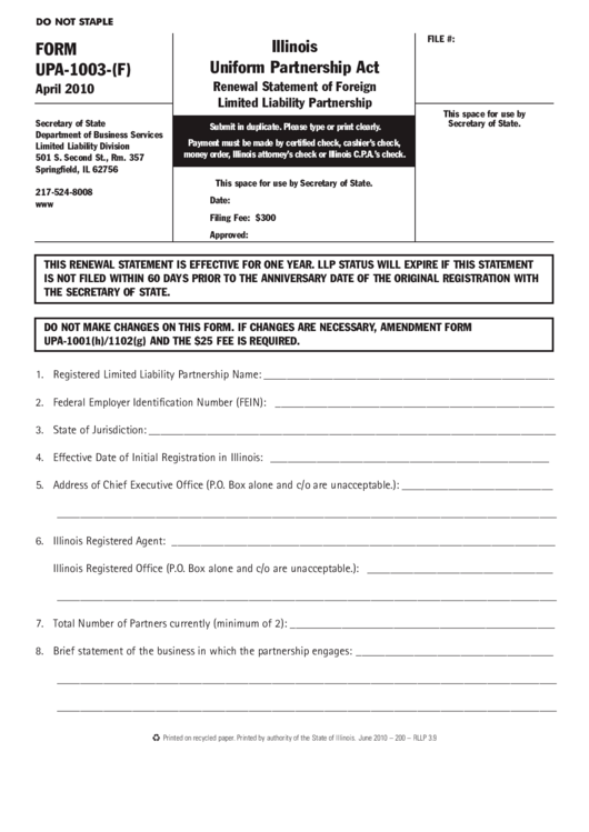Fillable Form Upa-1003-(F) - Renewal Statement Of Foreign Limited Liability Partnership (Fillible) - Illinois Secretary Of State Printable pdf