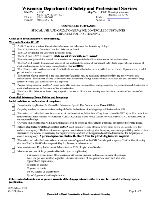 Wisconsin Controlled Substance Checklist For Dog Training Printable pdf