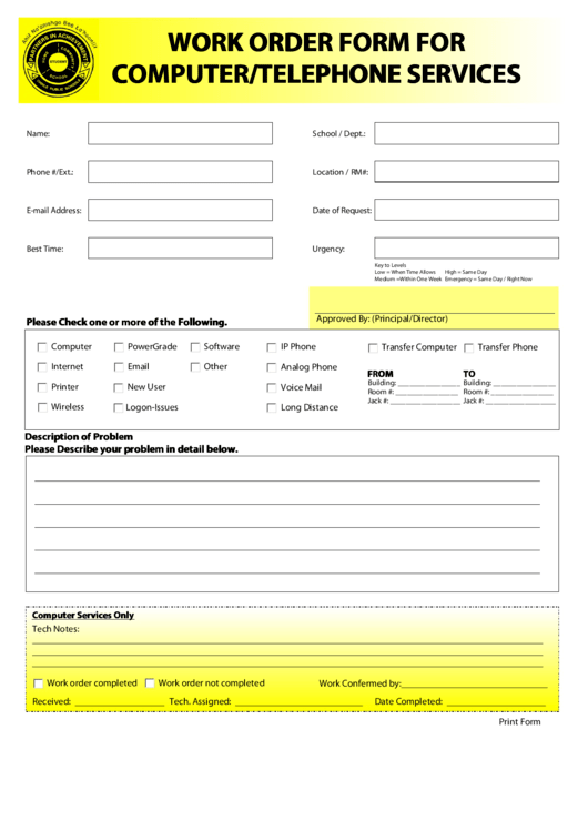 Fillable Work Order Form For Computer/telephone Services Printable pdf