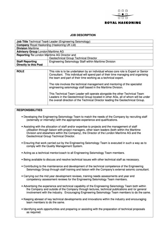 Technical Team Leader Job Description Printable pdf