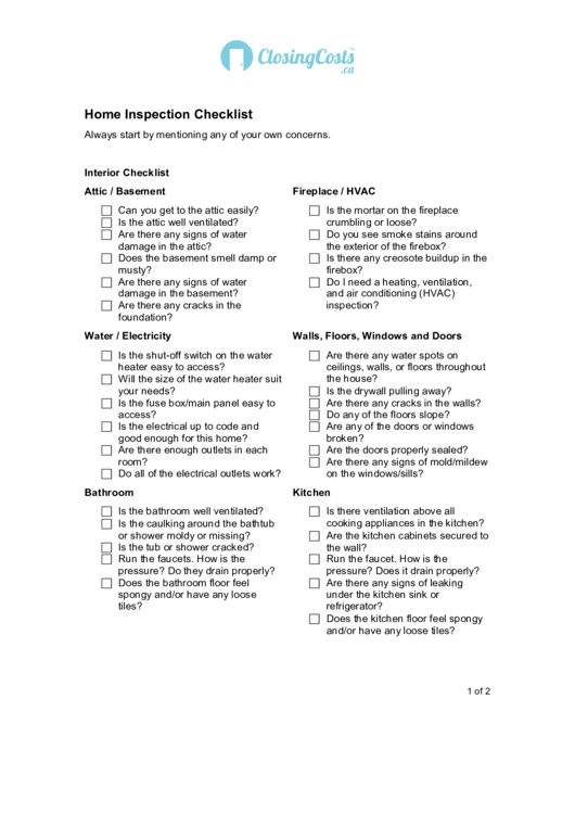 Home Inspection Checklist Template Printable pdf