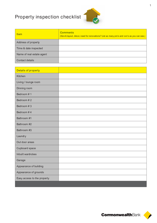 Property Inspection Checklist Template Printable pdf