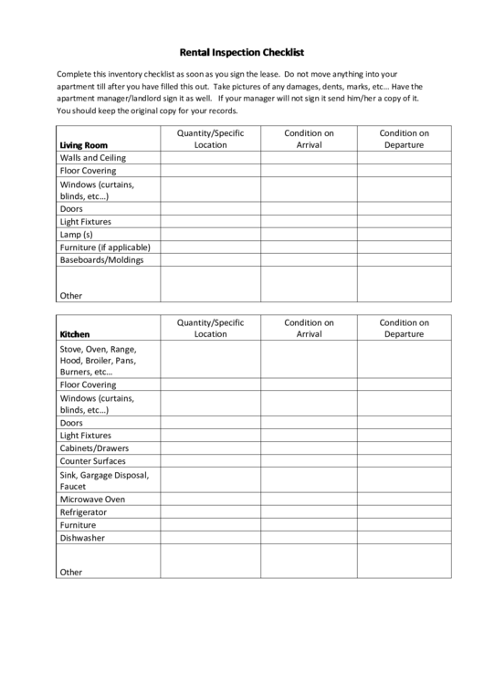 Rental Inspection Checklist Template For Apartment Printable pdf