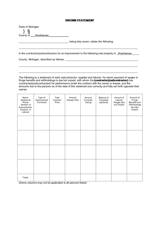 Sworn Statement - County Of Washtenaw Printable pdf