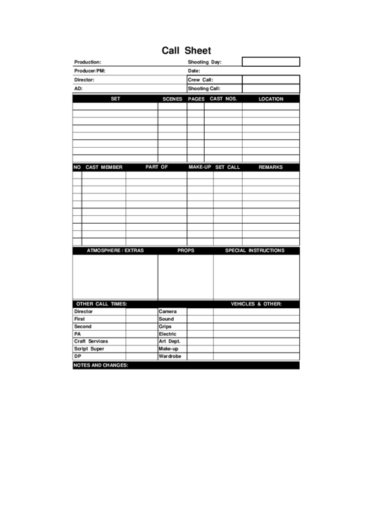 Film Call Sheet Template (Blank) Printable pdf