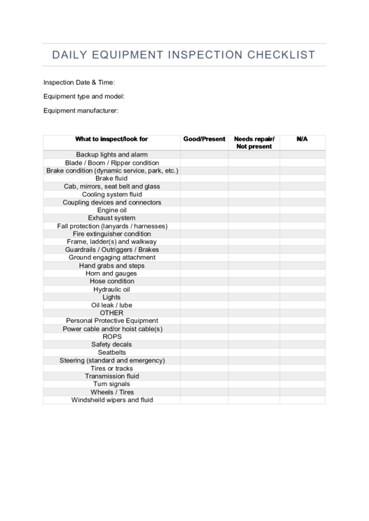 Daily Equipment Inspection Checklist Template