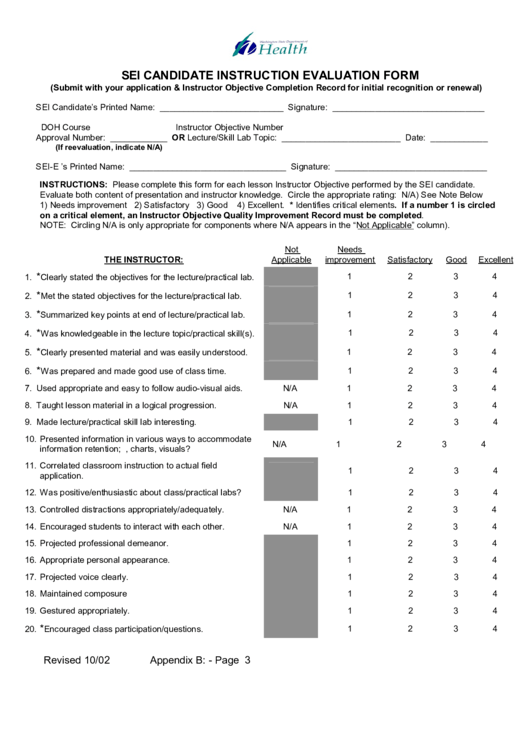 Sei Candidate Instruction Evaluation Form Printable pdf