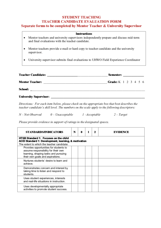 Student Teaching Teacher Candidate Evaluation Form Printable pdf