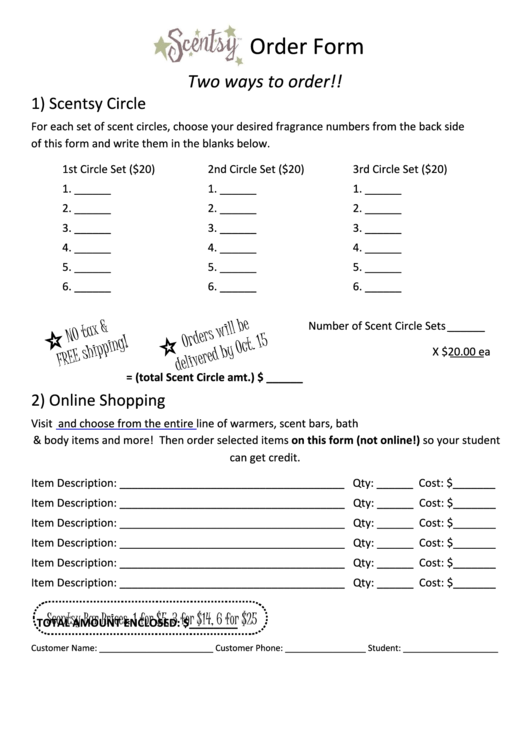 Scentsy Order Form Printable pdf