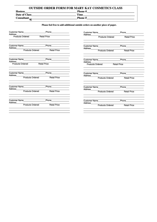 Outside Order Form For Mary Kay Cosmetics Class Printable pdf