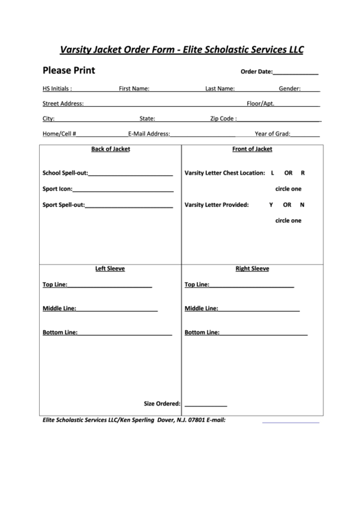 Varsity Jacket Order Form - Elite Scholastic Services Llc Printable pdf