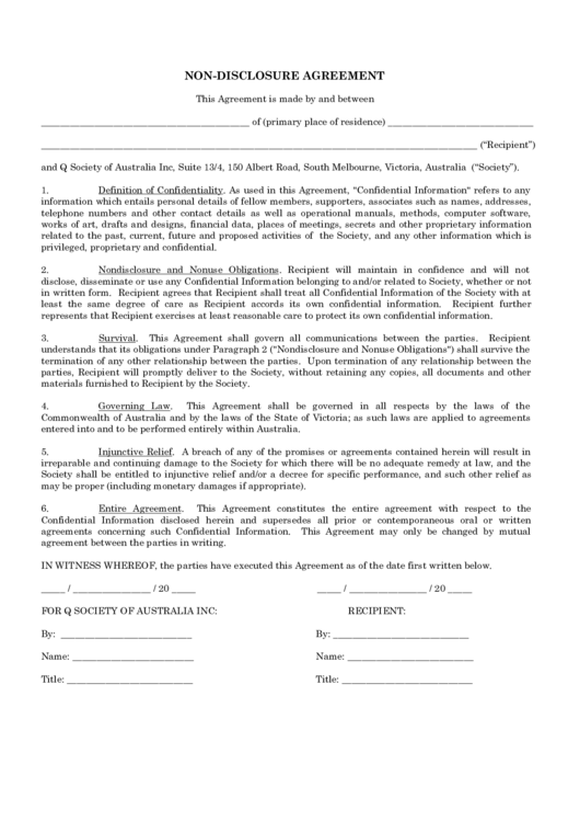 Q Society Of Australia Inc Non-Disclosure Agreement Printable pdf