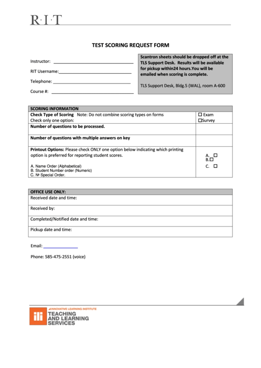 Rit Test Scoring Request Form Printable pdf