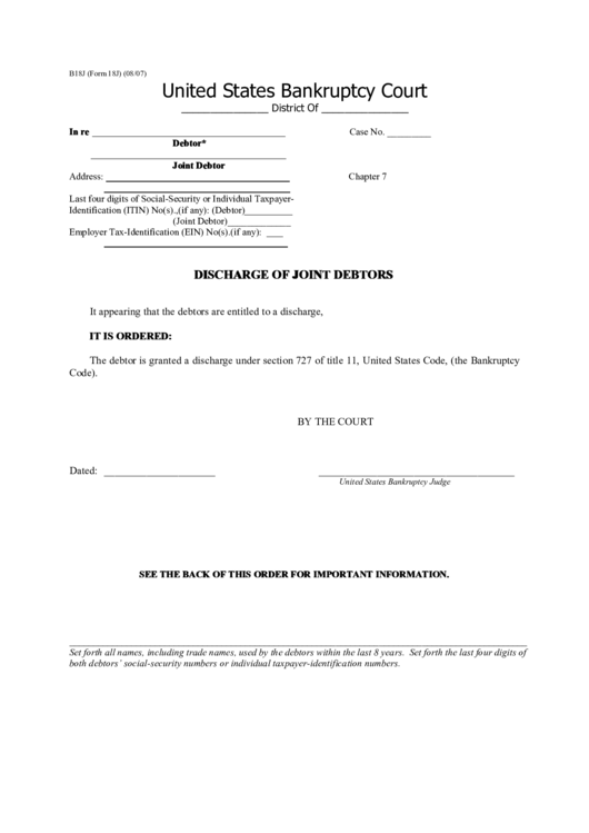 Discharge Of Joint Debtors - United States Bankruptcy Court Printable pdf