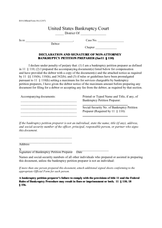 Fillable Form B19 - Declaration And Signature Of Non-Attorney Bankruptcy Petition Preparer Printable pdf