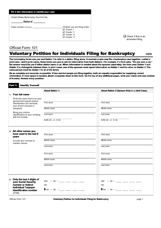 Fillable Official Form 101 Voluntary Petition For Individuals Filing For Bankruptcy Printable pdf