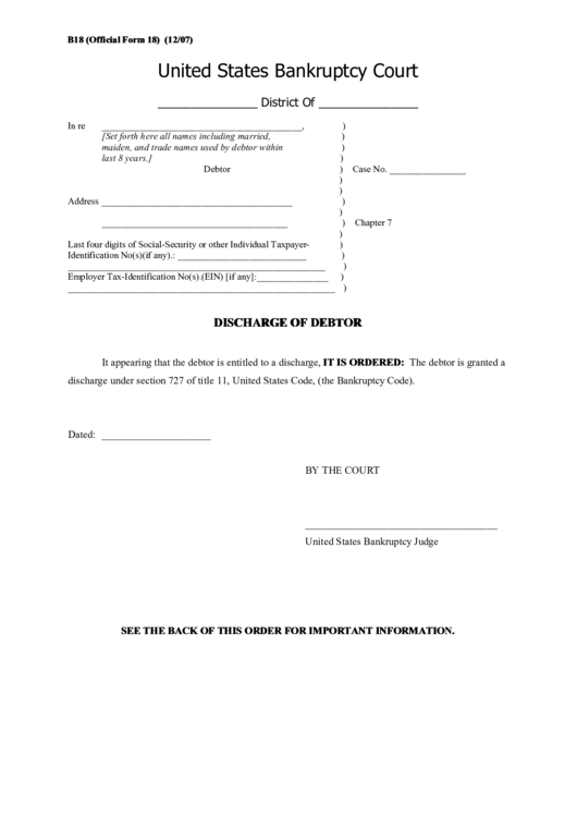Discharge Of Debtor United States Bankruptcy Court printable pdf download