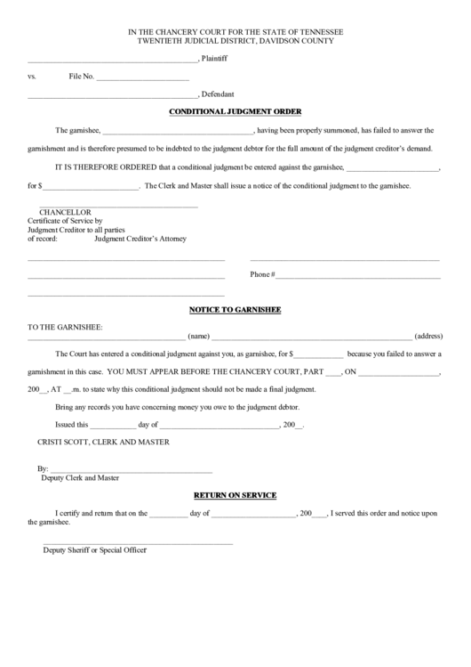 Fillable Conditional Judgment Order - Chancery Court For The State Of Tennessee Printable pdf