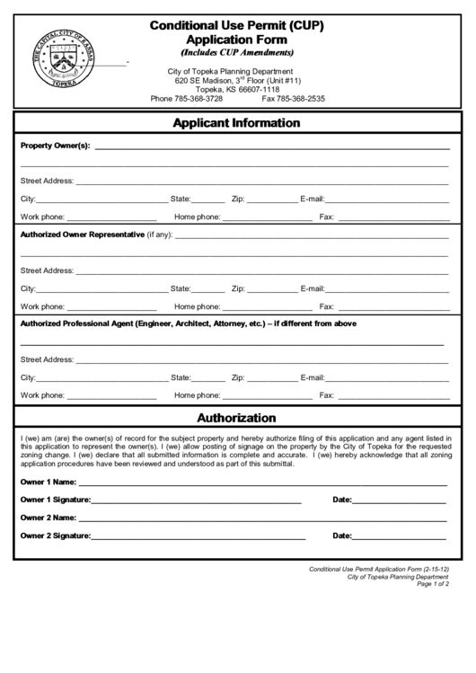 City Of Topeka Planning Department, Conditional Use Permit (Cup) Application Form Printable pdf