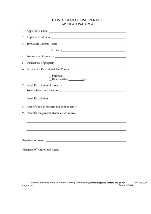 Fillable Norfolk, Conditional Use Permit Application Printable pdf