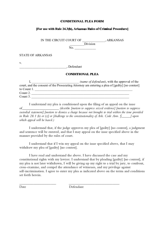 Fillable Conditional Plea Form Printable pdf