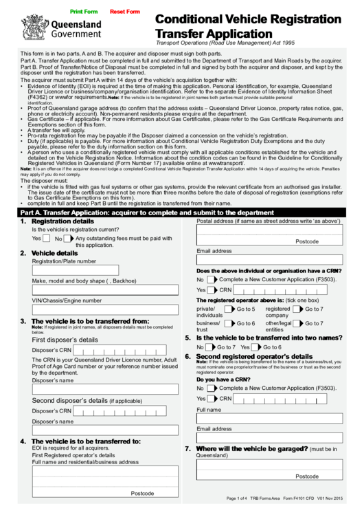 Form F4101 Cfd - Conditional Vehicle Registration Transfer Application