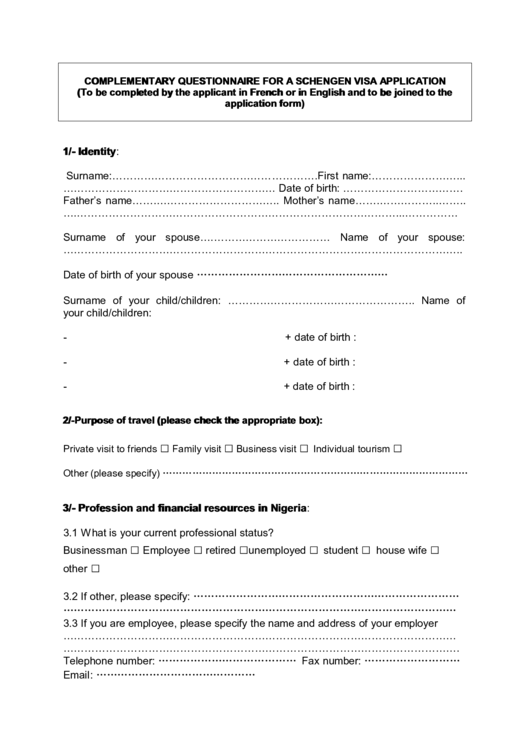 Complementary Questionnaire For A Schengen Visa Application (France) Printable pdf