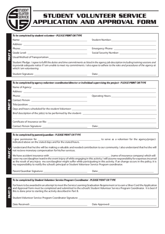 Student Volunteer Service Application And Approval Form Printable pdf