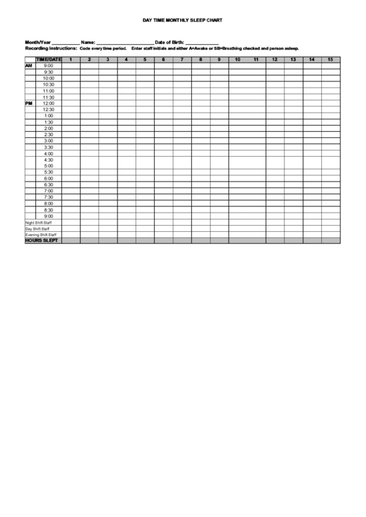 Day Time Monthly Sleep Chart Printable pdf