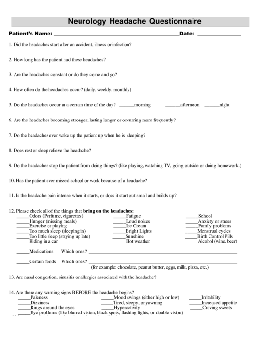 Neurology Headache Questionnaire