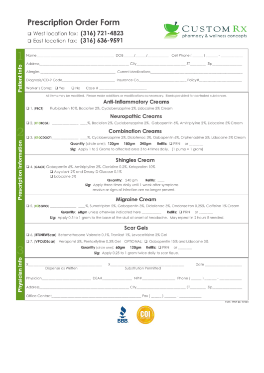 Prescription Order Form Printable pdf