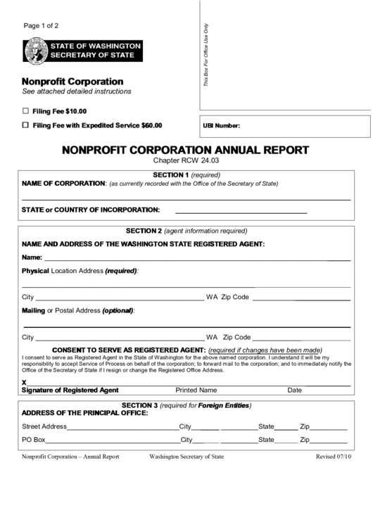 Fillable From Nonprofit Corporation Annual Report - Washington Secretary Of State Printable pdf