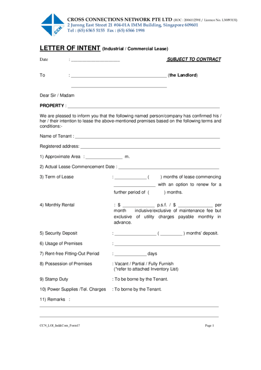 Cross Connections Network Pte Ltd Letter Of Intent Printable pdf