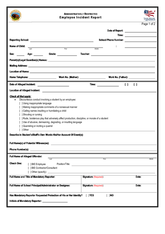 Fillable Employee Incident Report Printable pdf