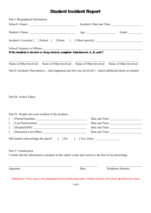 Fillable Student Incident Report Printable pdf