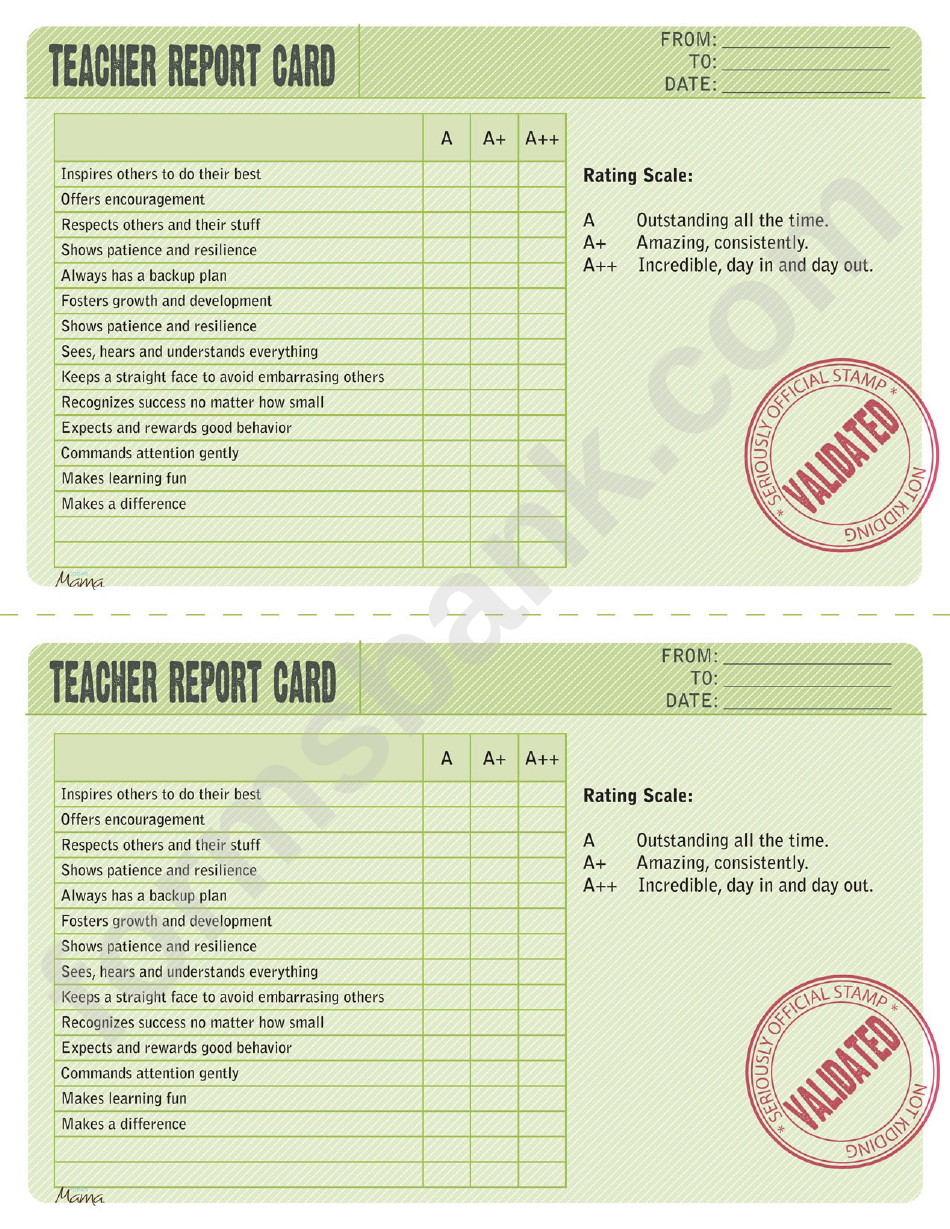 Blank Green Teacher Report Card Template